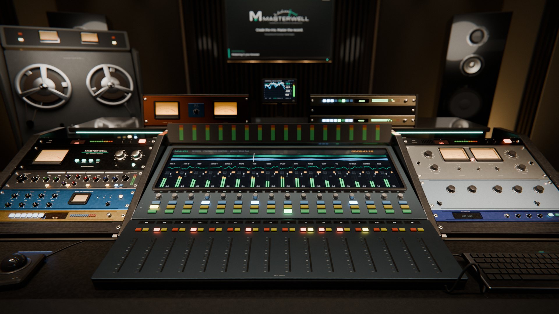 A dark mastering room: a large-format console between two racks of Masterwell outboard gear with backlit VU meters, tall main monitors, a wall screen and a half-inch tape machine
